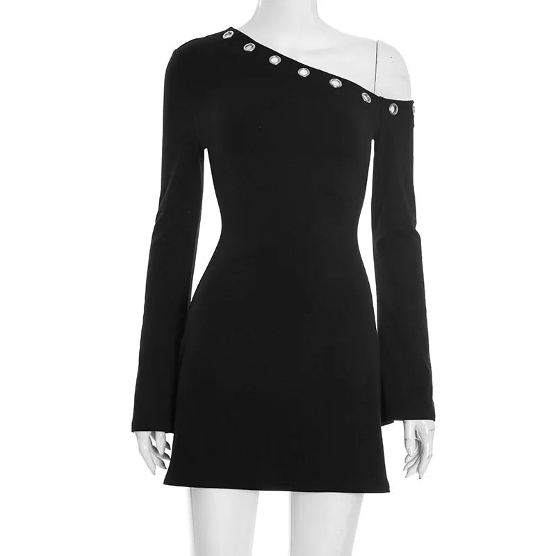 Chic Diagonal Collar Hollow Out Irregular Long Sleeve Party Dress