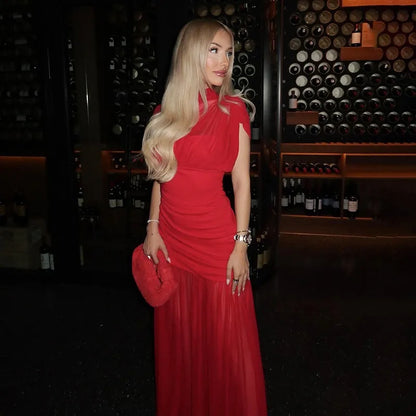 DJ Red Pleated A-Line Maxi Evening Dress