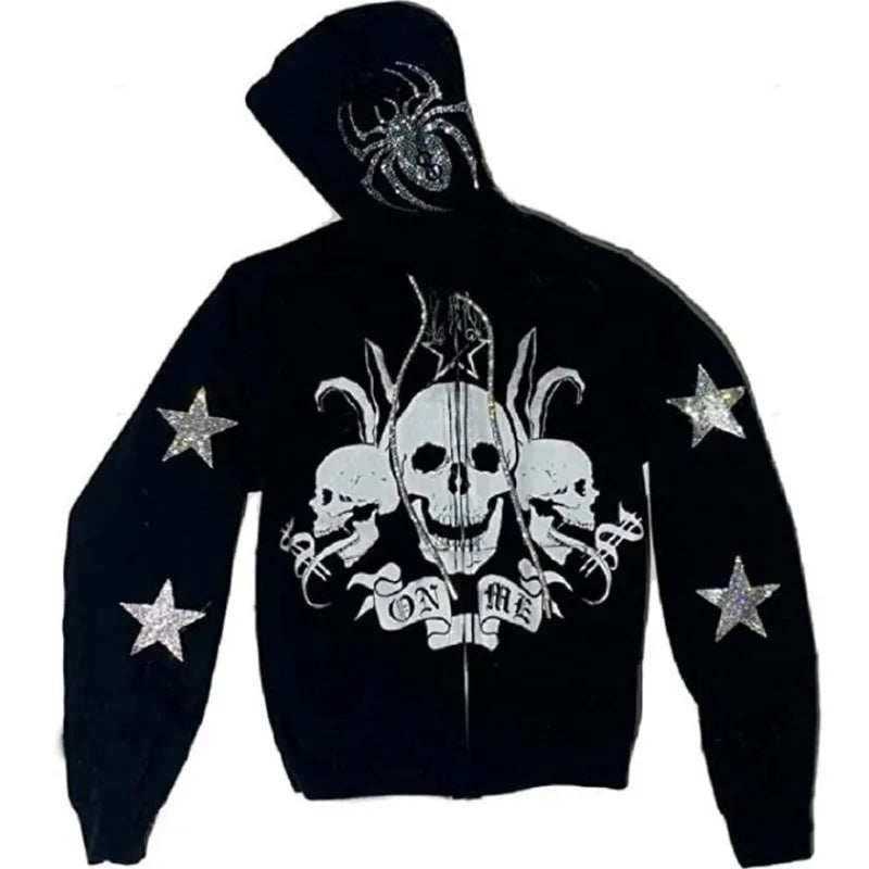 Y2K Gothic Rhinestone Zip Up Hoodie for Women