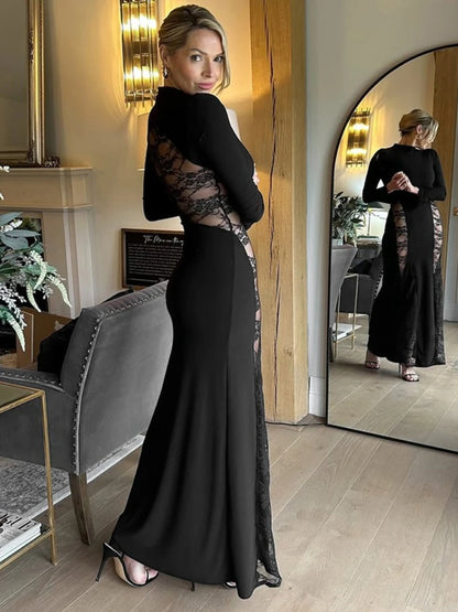 Black Lace Patchwork See-Through Maxi Dress