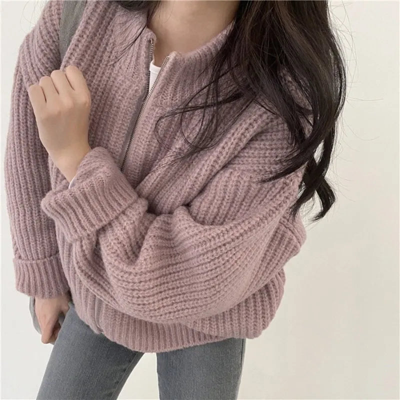 Solid Color Knitted Zip Up Cardigan for Women