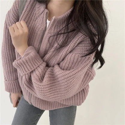 Solid Color Knitted Zip Up Cardigan for Women