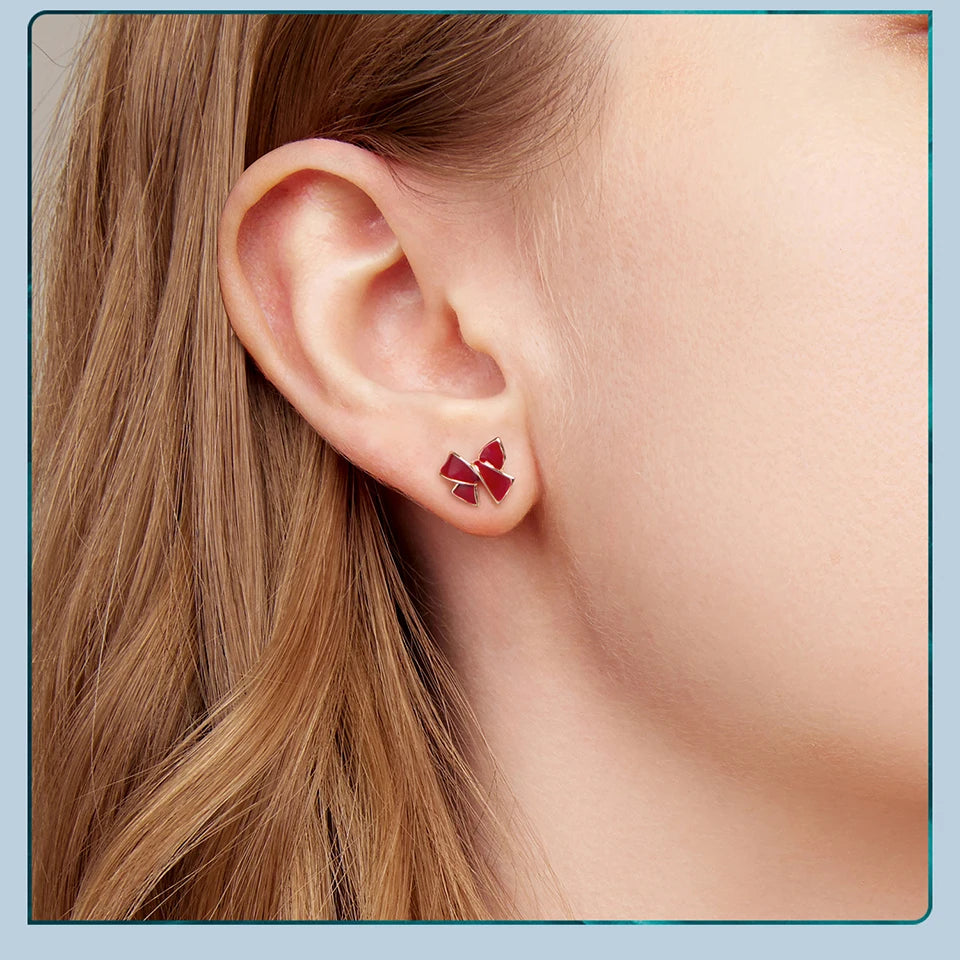 JEW020ER        925 Sterling Silver Angela Red Double Heart Stud Earrings Bowknot Cross Earrings for Women - Klixstore