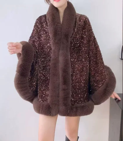 Women's Short Winter Jacket with Fur Collar and Sequin Shawl 2025