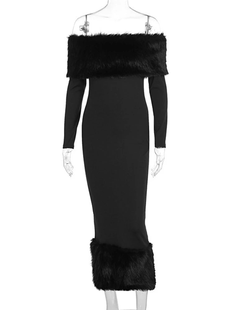 CLO031DJ
Autumn Winter Fur Patchwork Evening Dresses for Women Elegant Sexy Slash Neck Backless Bodycon Party Prom Dress Black Gowns - Klixstore