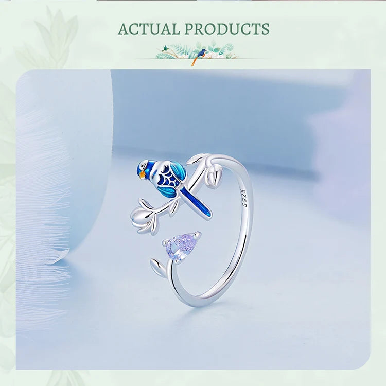 JEW005AX  925 Sterling Silver Blue Bird Open Ring and Stud Earrings Colored Enamel Process Zircon Jewerly Set for Women - Klixstore