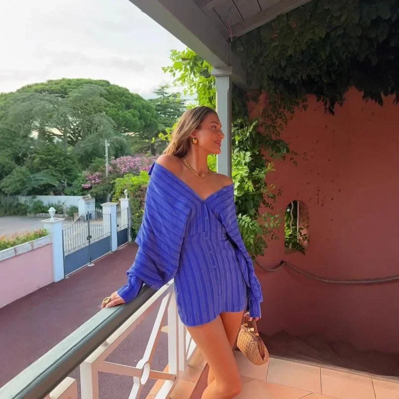  Turn-down Collar Single Breasted Striped Short Dress