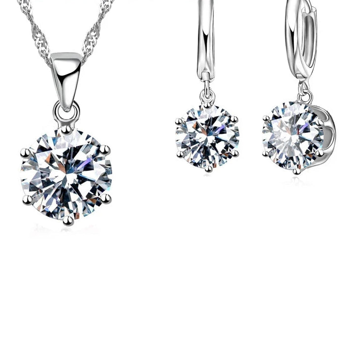 Classic 6-Claw Crystal Necklace & Hoop Earrings Set in 925 Sterling Silver