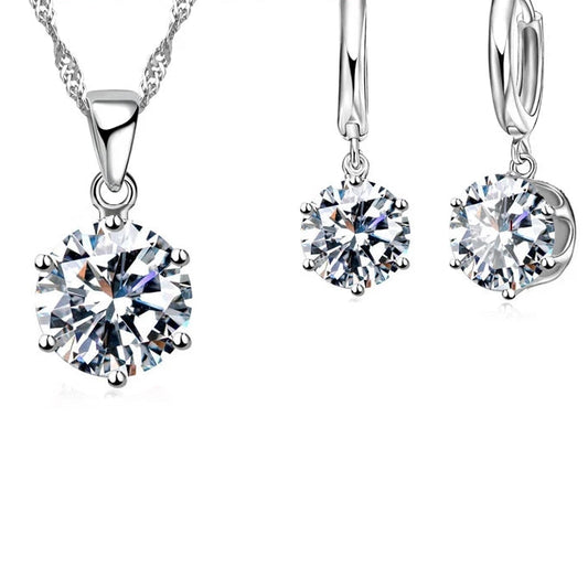 Classic 6-Claw Crystal Necklace & Hoop Earrings Set in 925 Sterling Silver