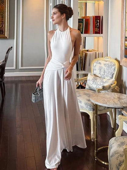 CLO021DJ
Elegant Halter Neck Lace-up Backless Long Maxi White Dress Women's Summer Sleeveless Ruched A-line Evening Party Prom Dresses - Klixstore