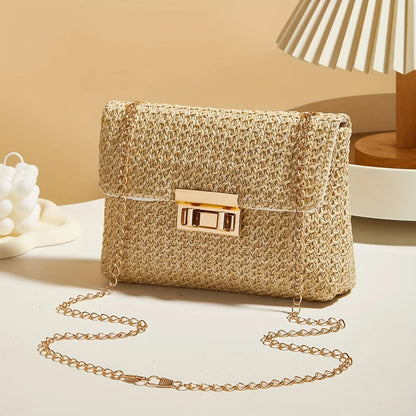 Women's Woven Straw Crossbody Bag | Handwoven Shoulder Purse with Lock Closure