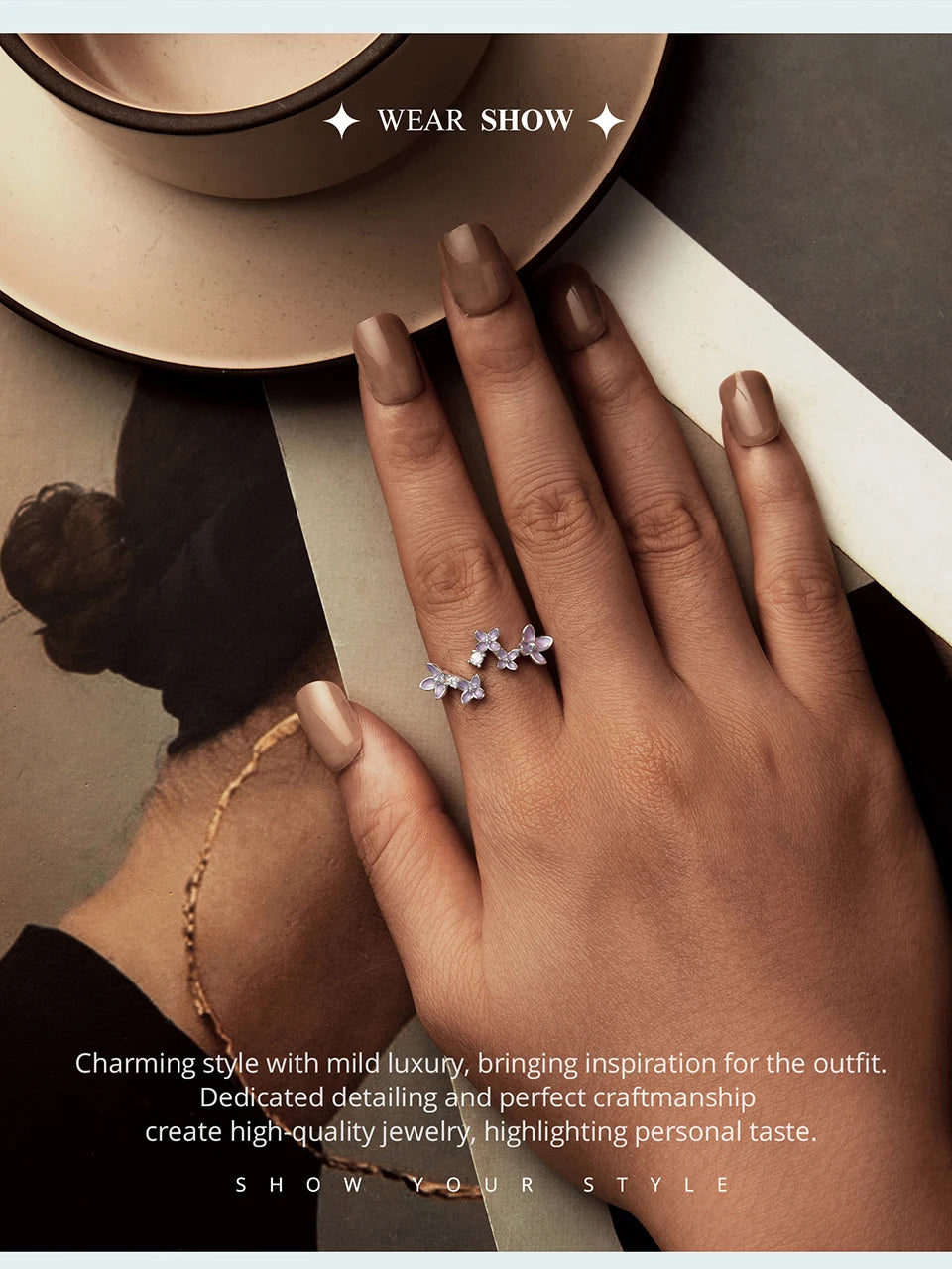 JEW013R     925 Sterling Silver Lilac Flower Adjustable Ring, White Gold Plated - Klixstore