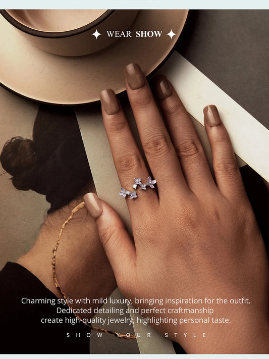 JEW013R     925 Sterling Silver Lilac Flower Adjustable Ring, White Gold Plated - Klixstore