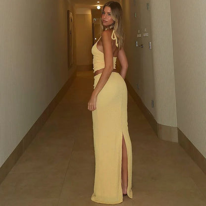 CLO002DJ
Women's Summer Halter Lace-up Crop Top and Split Skirts Two Piece Set Vacation Beach Outfit Yellow Long - Klixstore