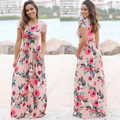 Pink Floral Boho Maxi Dress for Women 2025