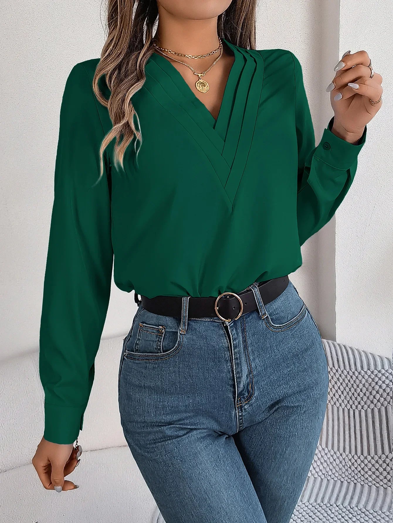 VigoCasey 2025 Elegant V-Neck Long Sleeve Women’s Top