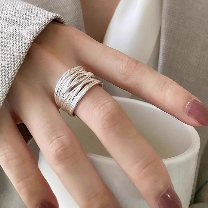 Genuine 925 Sterling Silver Irregular Adjustable Opening Ring for Women