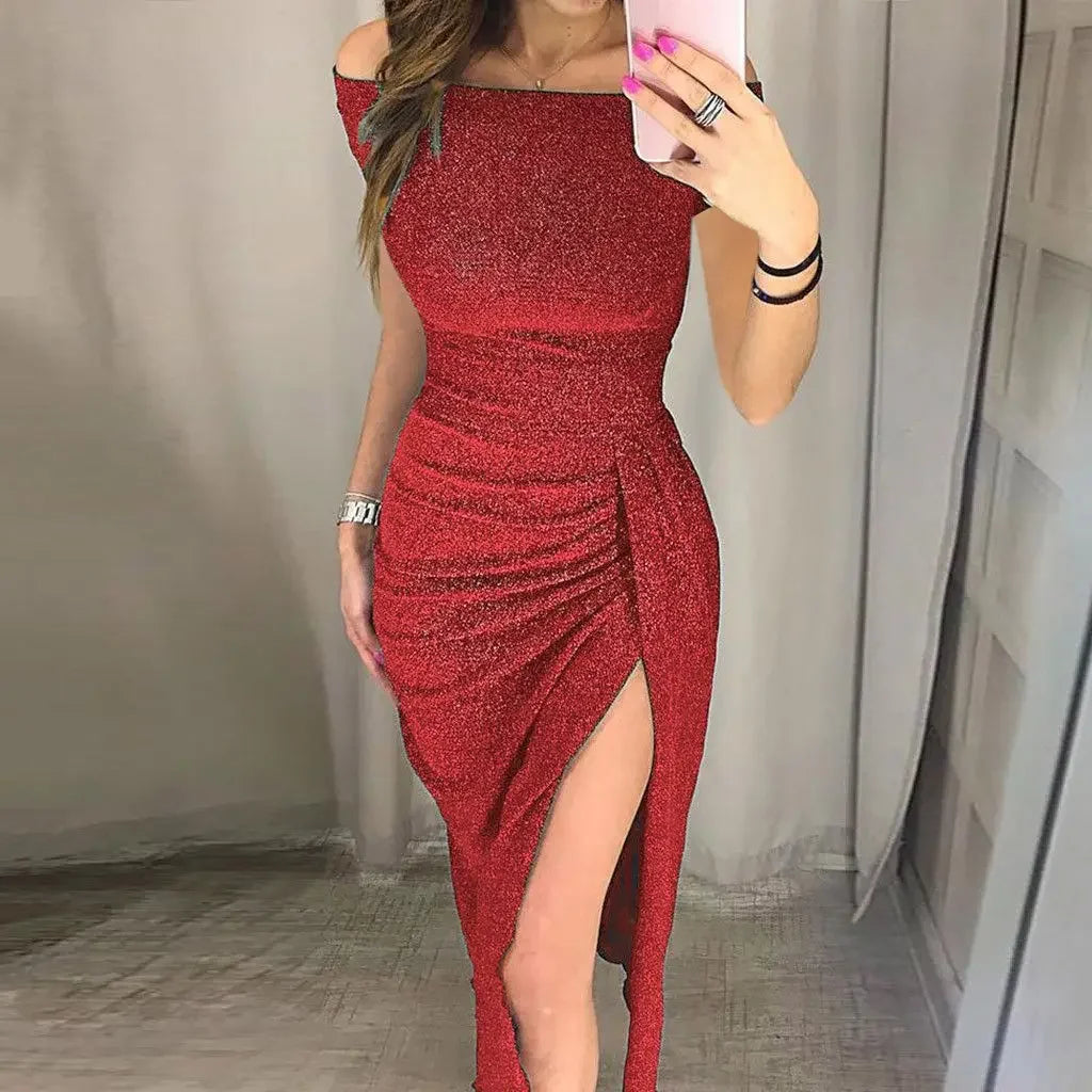 One-Shoulder Glitter Slit Dinner Dress
