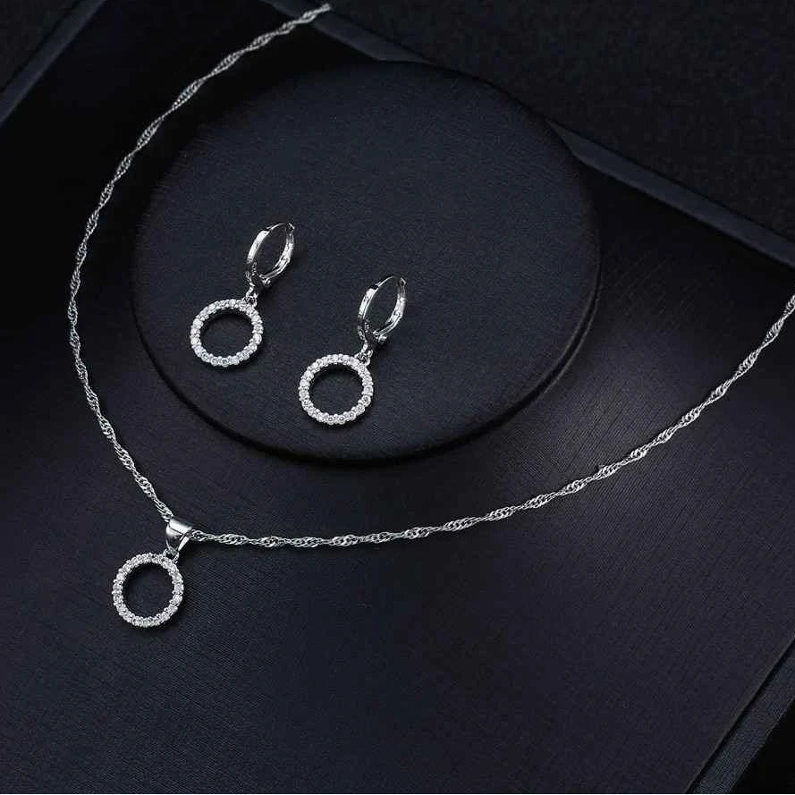 Elegant Beaded CZ Necklace & Hoop Earrings Bridal Set in 925 Sterling Silver