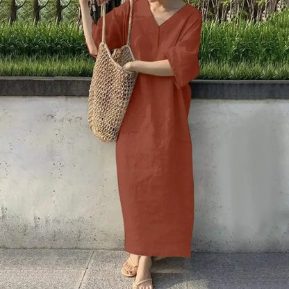 Retro V-Neck Cotton Linen Midi Dress