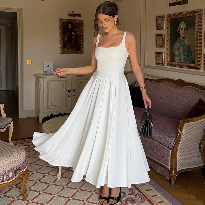 CLO018DJ
Woman Clothes Sleeveless High Waist Tunics A-line Long Dress Streetwear Ladies Backless Ruched White Party Vacation Dresses - Klixstore