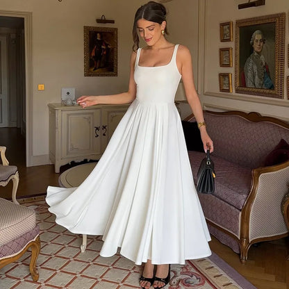 CLO018DJ
Woman Clothes Sleeveless High Waist Tunics A-line Long Dress Streetwear Ladies Backless Ruched White Party Vacation Dresses - Klixstore