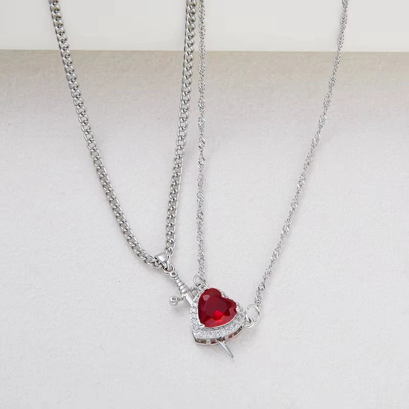 Heart & Sword Crystal Necklace Set – Stainless Steel Jewelry Gift Box