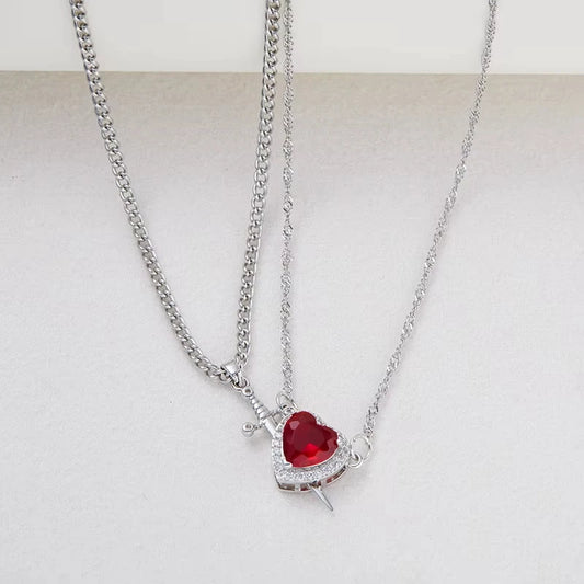 Heart & Sword Crystal Necklace Set – Stainless Steel Jewelry Gift Box