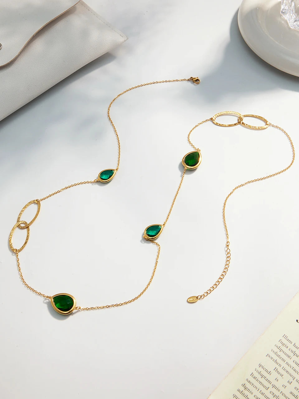 18k Gold Droplet Glass Stone Long Necklace for Women