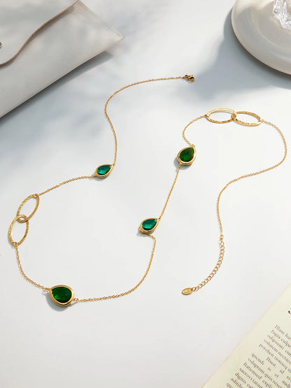 18k Gold Droplet Glass Stone Long Necklace for Women