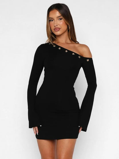Chic Diagonal Collar Hollow Out Irregular Long Sleeve Party Dress