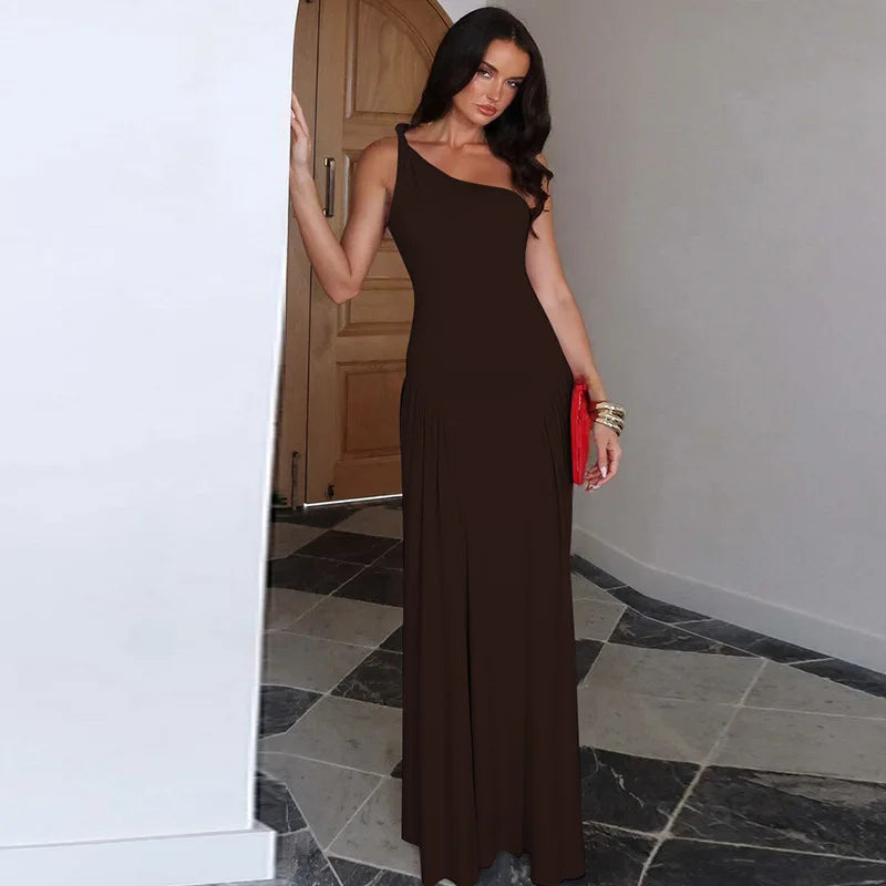 CLO061DJ
 Autumn One Shoulder Diagonal Collar Long Maxi Dress Women Elegant Sleeveless Ruched Asymmetrical Party Evening Prom Dresses - Klixstore