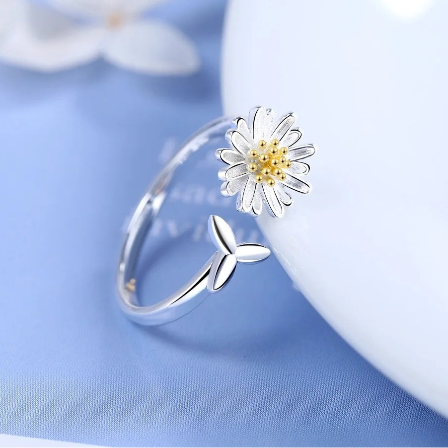925 Sterling Silver Flower Adjustable Ring for Women