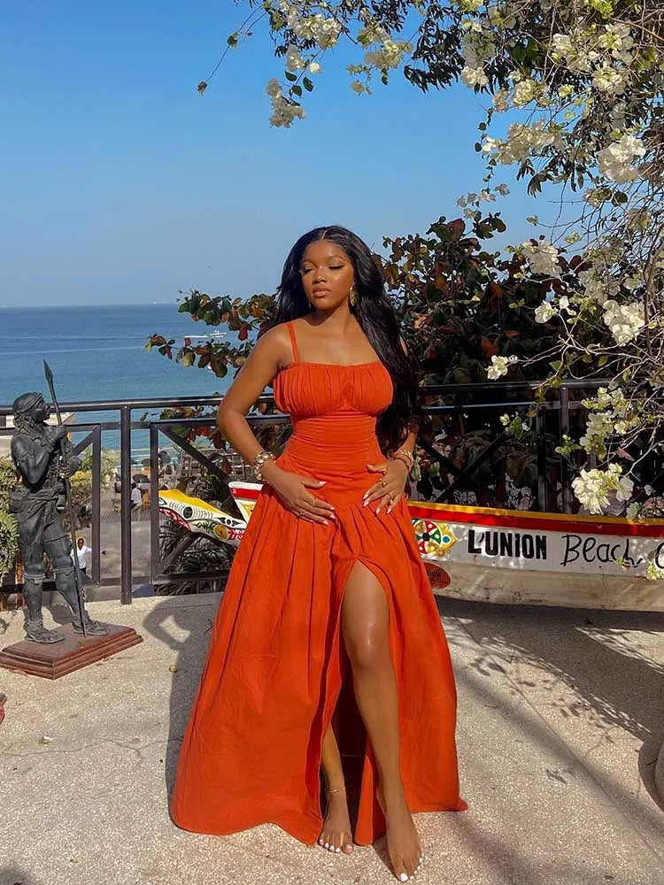Spaghetti Strap Orange Side Split Dress