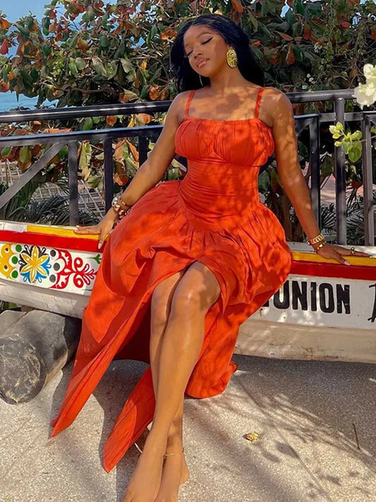 Spaghetti Strap Orange Side Split Dress