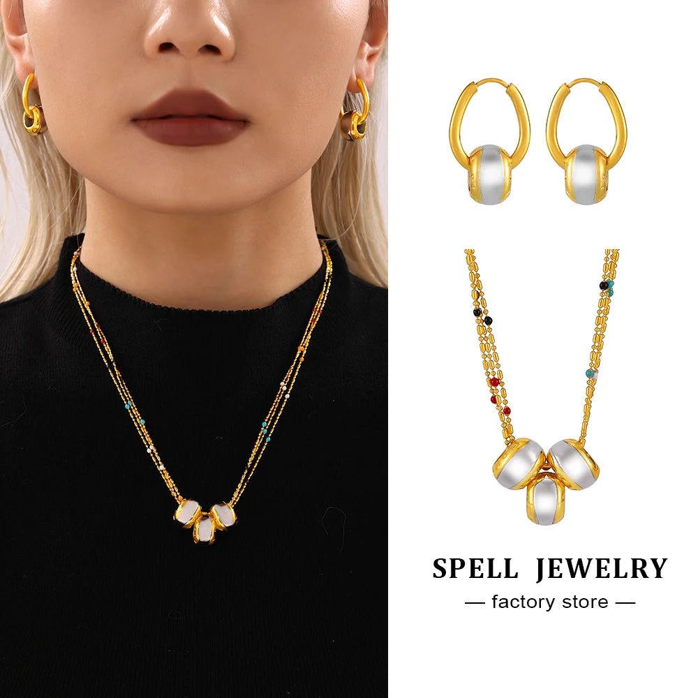 18k Gold Two-Tone Circle Pendant Jewelry Set for Women