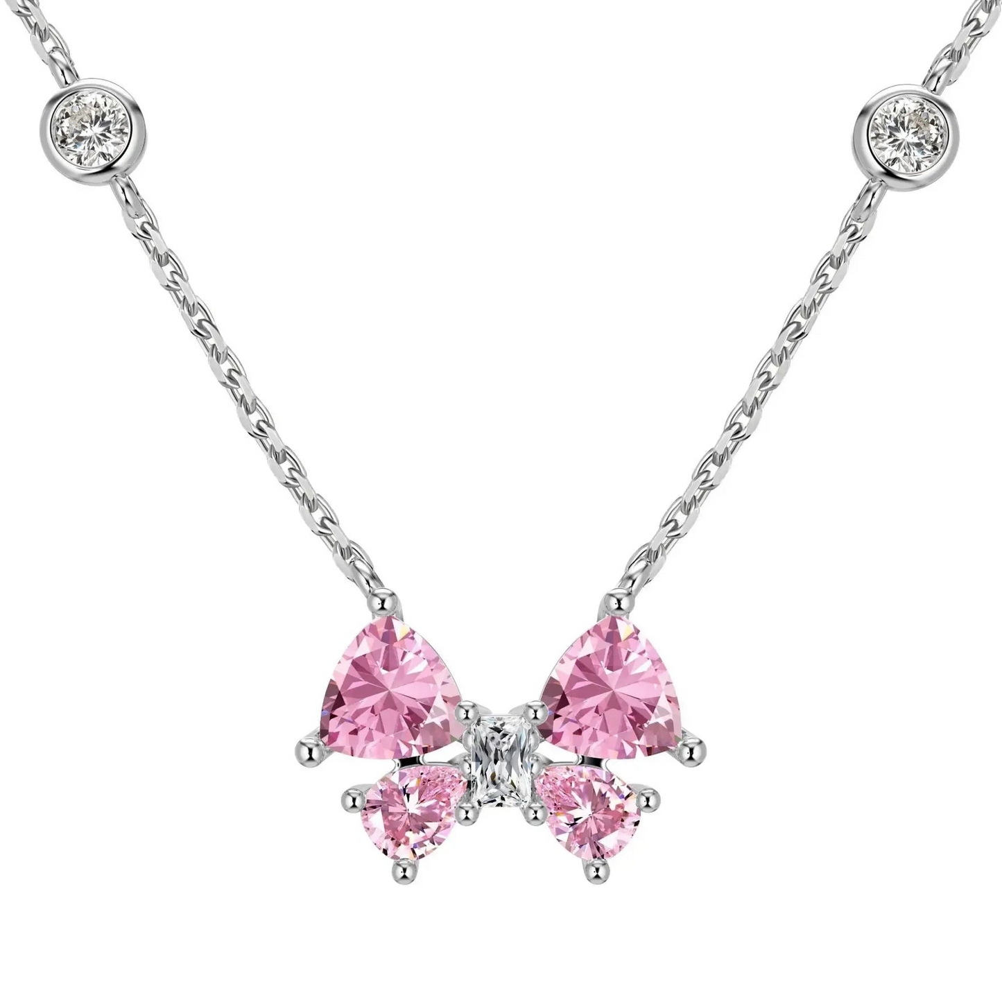 Butterfly Pendant 925 Sterling Silver Necklace with Pink Cubic Zirconia Stones