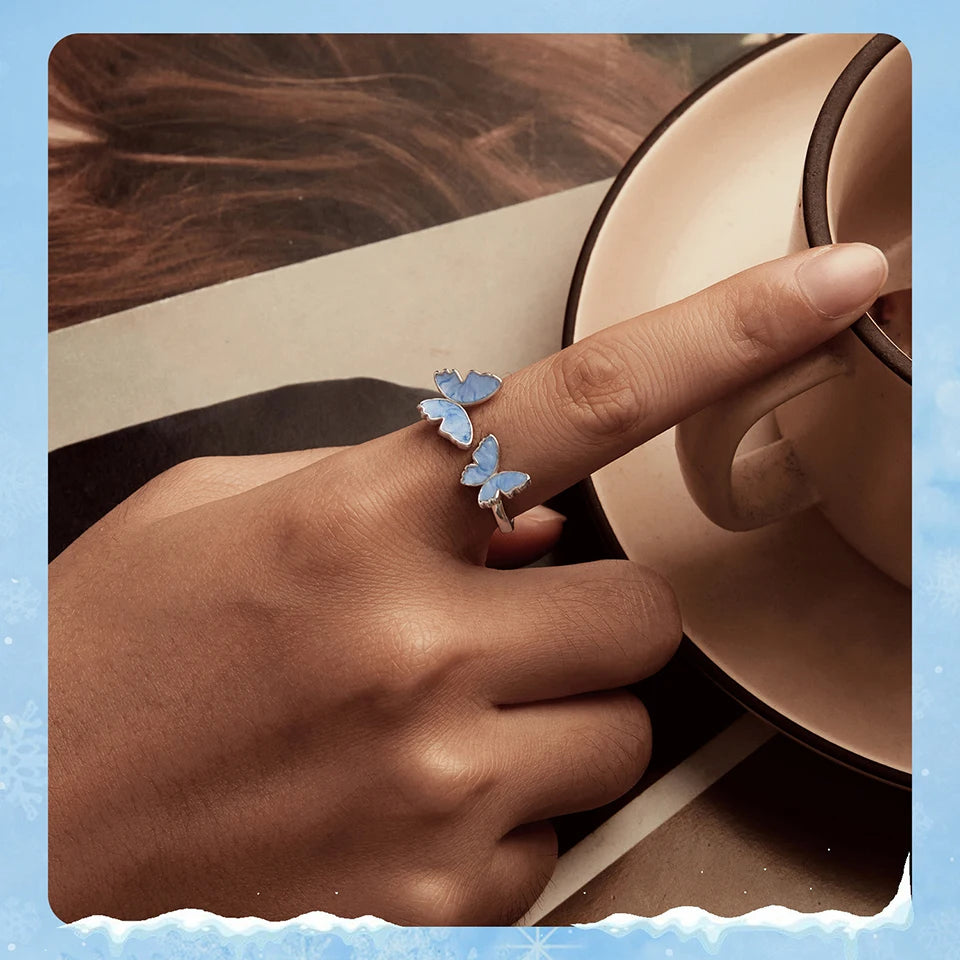 JEW011R    925 Sterling Silver Blue Butterfly Adjustable Ring, White Gold Plated - Klixstore