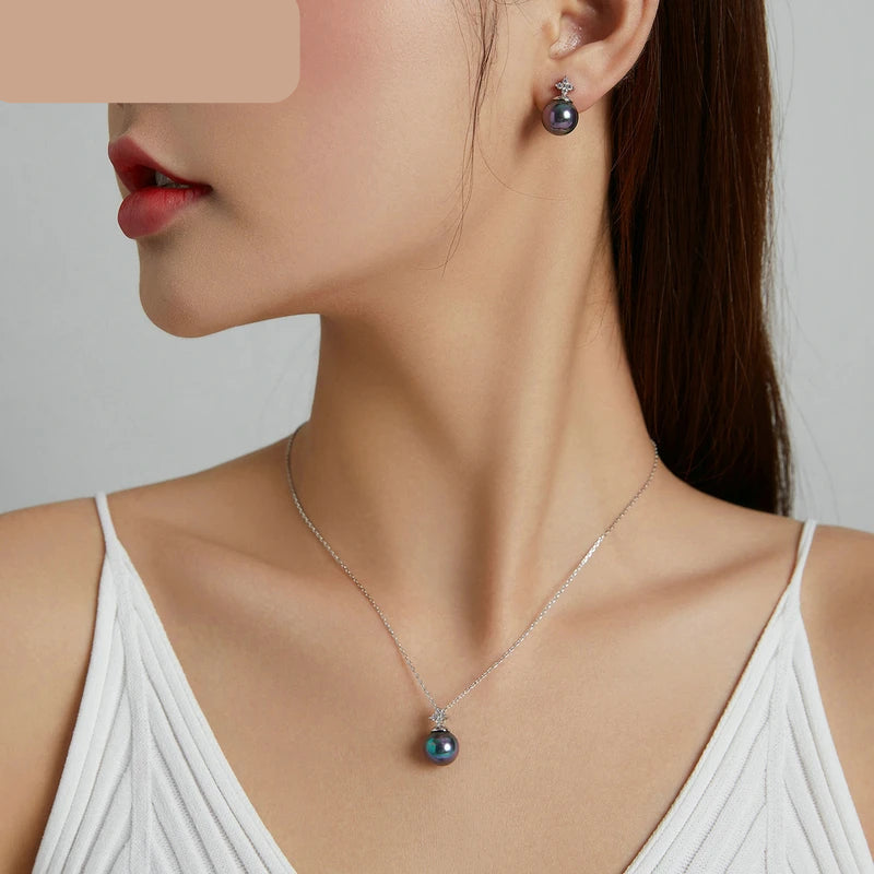 JEW007AX    925 Sterling Silver Elegant Black Pearl Earrings Necklace Shell Pearl Necklace Chain for Women Fine Jewelry Set - Klixstore