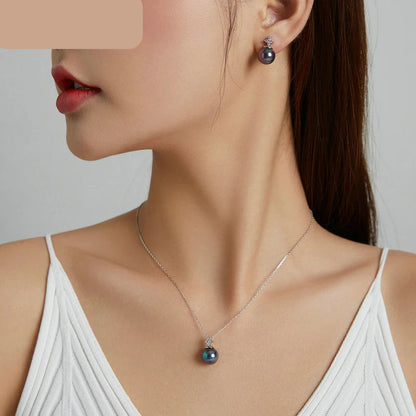 JEW007AX    925 Sterling Silver Elegant Black Pearl Earrings Necklace Shell Pearl Necklace Chain for Women Fine Jewelry Set - Klixstore