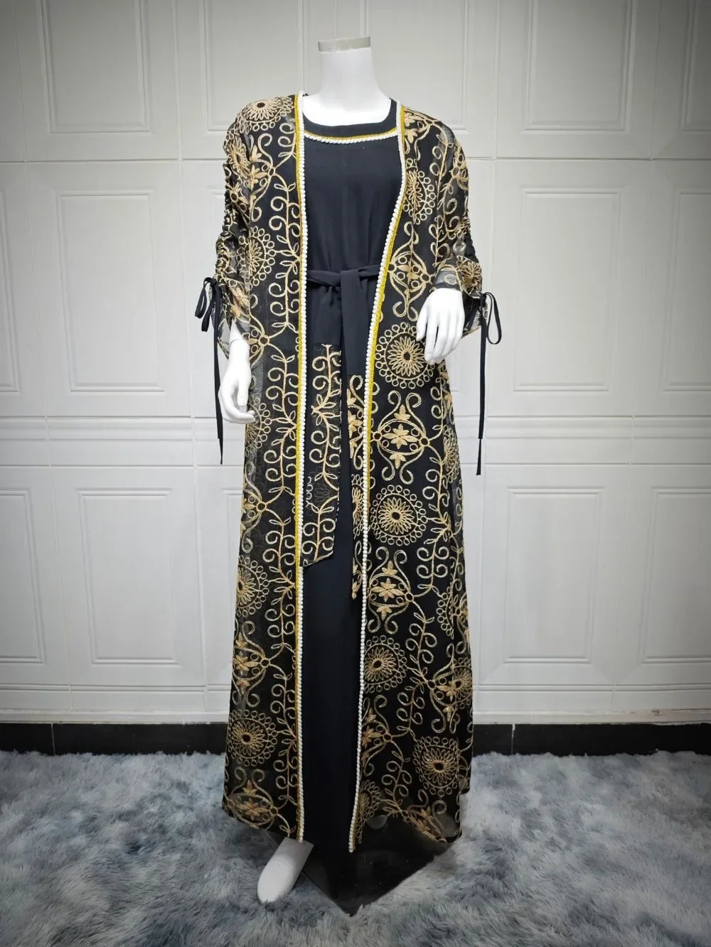 Embroidered Muslim Abaya 2-Piece Set | Kaftan Cardigan & Lace-Up Dress