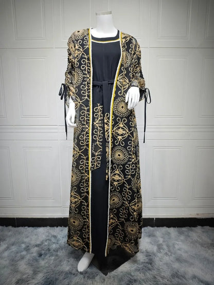 Embroidered Muslim Abaya 2-Piece Set | Kaftan Cardigan & Lace-Up Dress