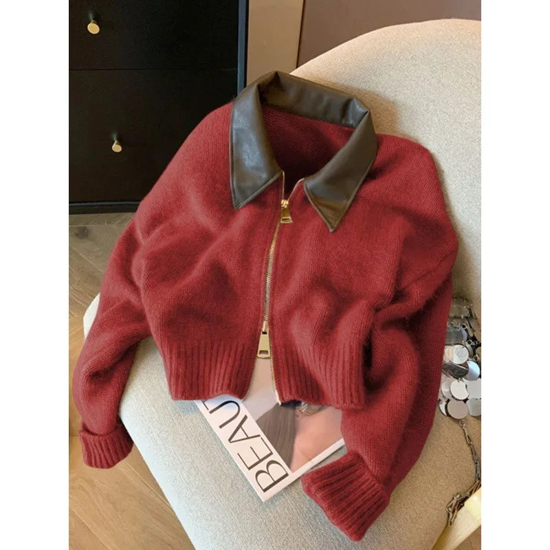Polo Collar PU Spliced Knit Cardigan for Women