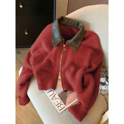Polo Collar PU Spliced Knit Cardigan for Women