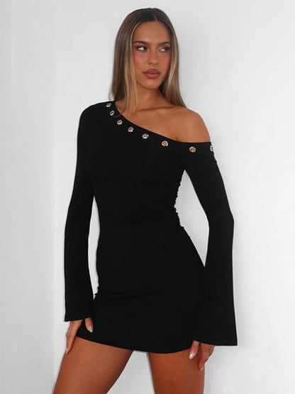 Chic Diagonal Collar Hollow Out Irregular Long Sleeve Party Dress