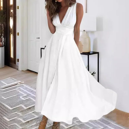 Solid Color V-Neck Sleeveless Long Sundress