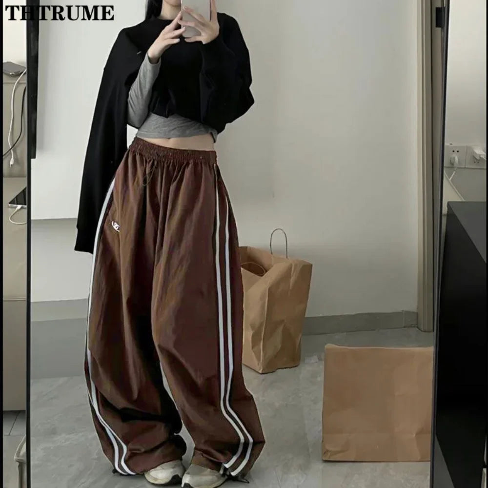 Retro Striped Wide Leg Baggy Pants for Women