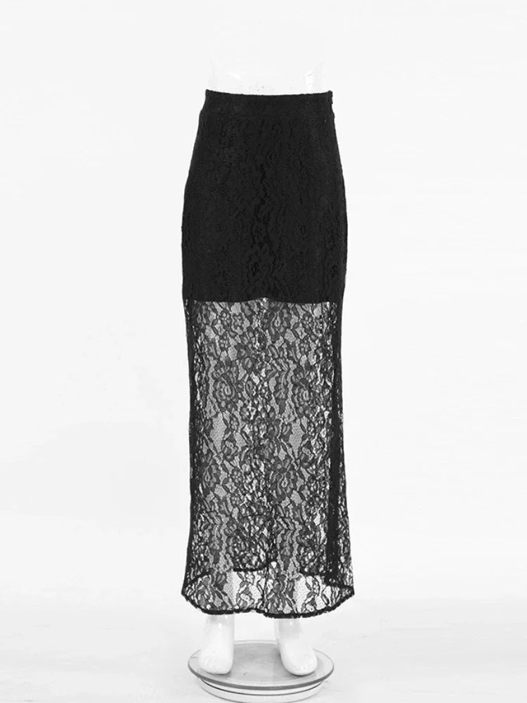 CLO001SK
Women Elegant Solid Black Long Skirts High Waist See-through Lace Skirt Female - Klixstore