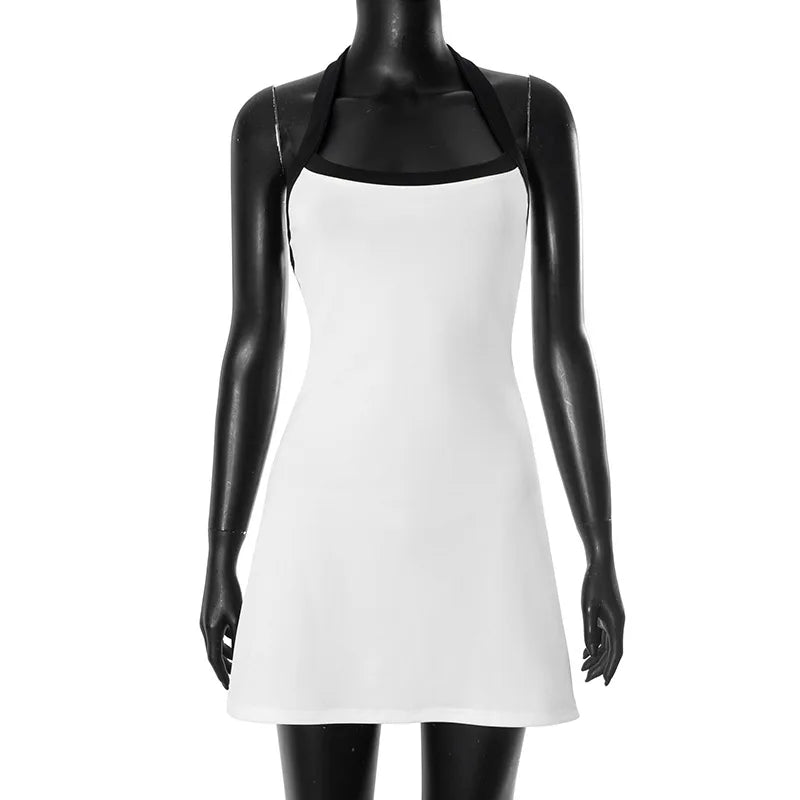 CLO042DJ
Woman Clothes Black White Patchwork Short Dress  Casual Sexy Halter Backless Bandage Holiday Party Dresses - Klixstore