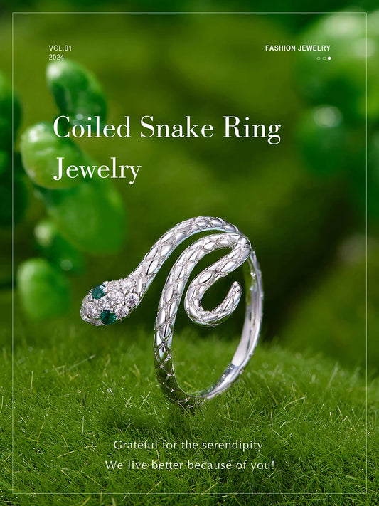 JEW018R        White Gold Plated Snake Ring with Emerald CZ Eye, Adjustable - Klixstore